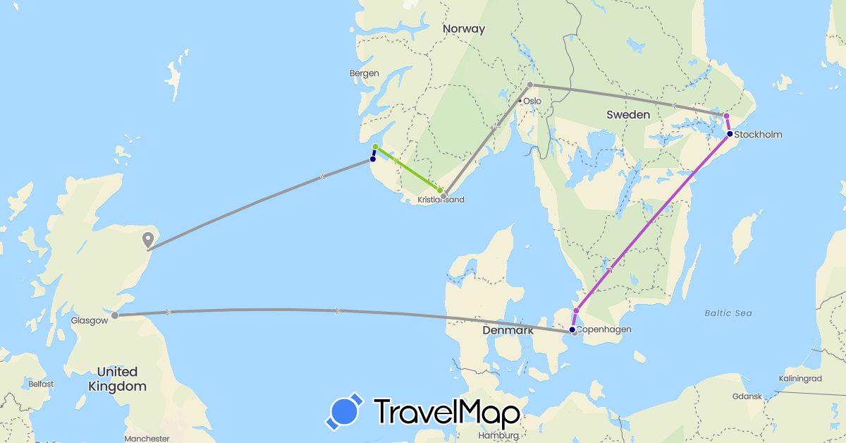 TravelMap itinerary: driving, plane, train, electric vehicle in Denmark, United Kingdom, Norway, Sweden (Europe)